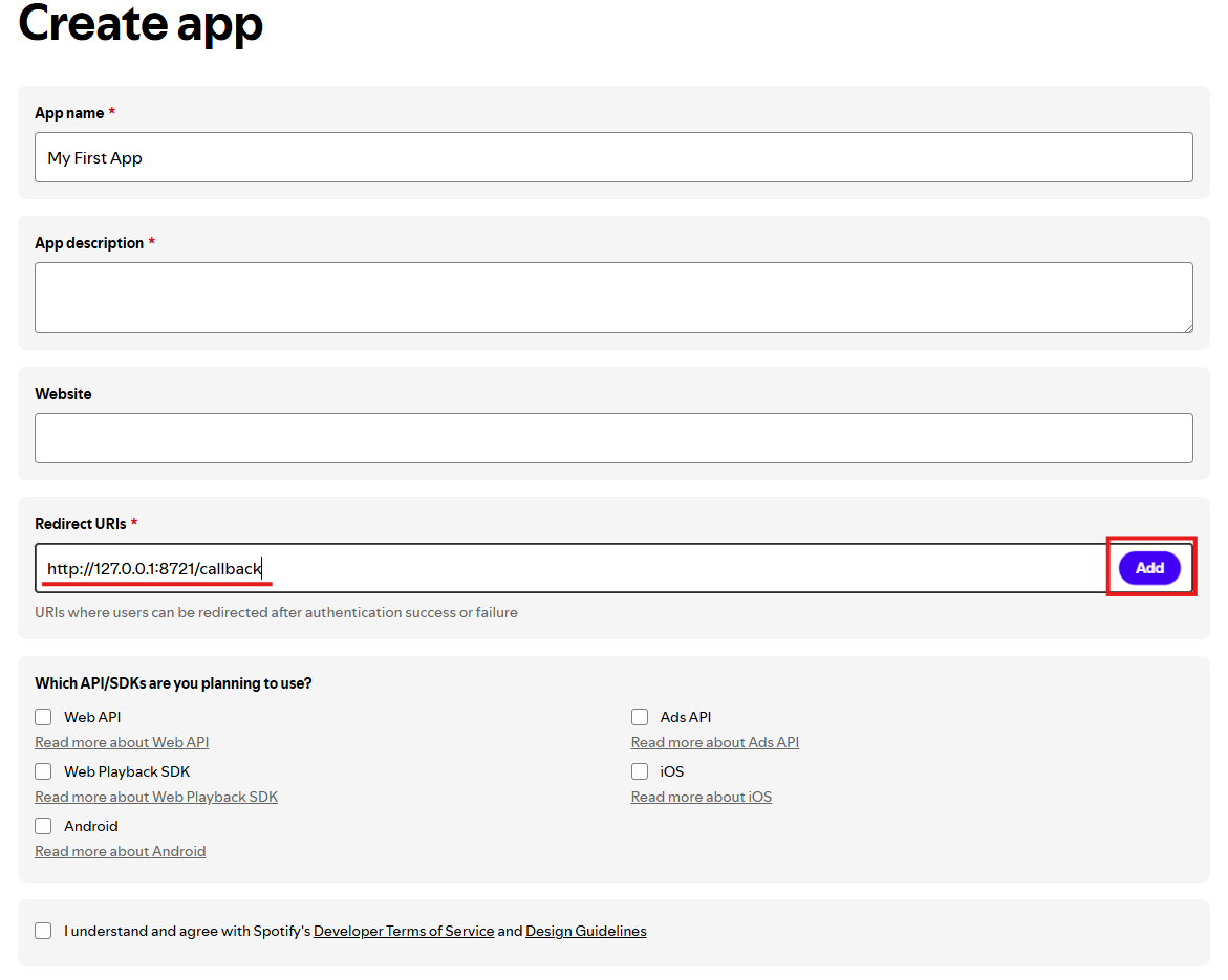 Create app form — enter redirect URI